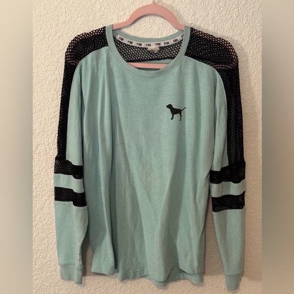 Victoria's Secret PINK mesh crew long-sleeve shirt in light blue and black Small - Picture 2 of 2